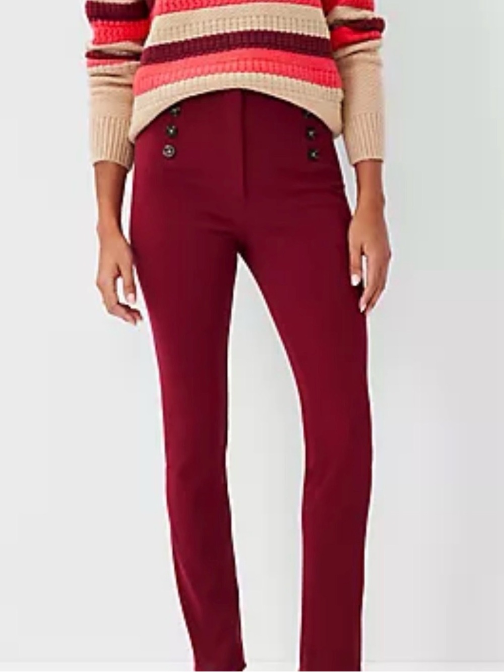 Audrey sailor High-Waist Button Detail Slim Pants in Berry Red